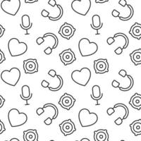 Seamless repeating monochrome pattern of loud speaker, musical note, heart, microphone, headphone. Perfect for web sites, apps, shops, backgrounds, wallpapers vector