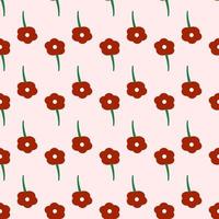 Seamless vector pattern of red flower with dark green stem and petals