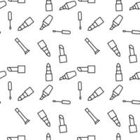 Seamless vector repeating pattern of lip stick, lip gloss, tint is made of line icons for polygraphy and websites