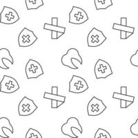 Seamless pattern of medical cross inside of shield, tooth, cancer ribbon is made of line icons vector
