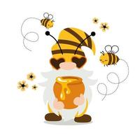 Cute gnome with a pot of honey and bees. Vector illustration isolated on white background.