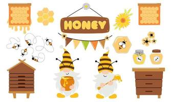 Vector set with honey, gnomes, pieces of honeycomb, flying bee, hive, flowing liquid on a stick. Honey icons set. Honey set. Bees set, cute honey clipart.