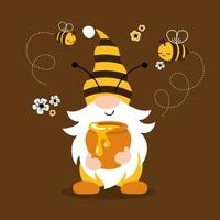 Cute gnome with a pot of honey and bees. Vector illustration isolated on white background.