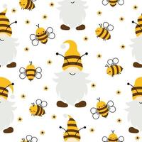 Vector seamless pattern with flying cartoon bees and gnomes on white background. Illustration for children used for magazine, book, poster, card, web pages.