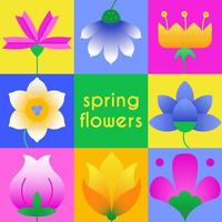 Abstract spring flowers in colorful simple geometric shapes collection. Spring art print with botanical elements. Creative modern bauhaus style for poster, web banner, background or sticker. Vector