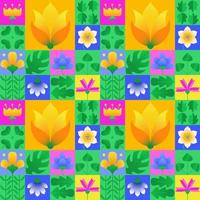 Spring seamless geometric pattern. Abstract vector flower and leaves artwork with colorful simple shapes. Creative bauhaus style for web banners, fabric print, wrapping, background, wallpapers
