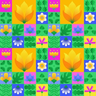 Spring seamless geometric pattern. Abstract vector flower and leaves artwork with colorful simple shapes. Creative bauhaus style for web banners, fabric print, wrapping, background, wallpapers