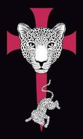 T-shirt design with leopards on a large red medieval cross silated on black. Vector illustration on heraldic themes.