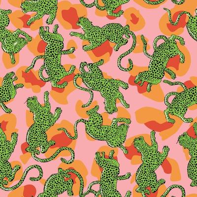 seamless pattern with green leopards on abstract background. Vector design for the textile industry.