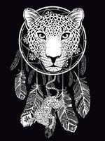 t-shirt design of a leopard head and a dream catcher isolated on black vector