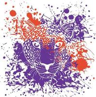 vector illustration of a leopard's face next to purple and orange spots.