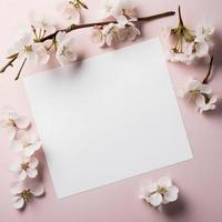 Capturing the Beauty of Blossoms. Overhead Product Photography of Horizontal Blank Paper with Surrounding Blooms photo