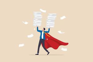 Handle busy work, manage workload or complete multitasks within deadline, organize paperwork or documents, effective or productive concept, businessman superhero carry load of paperwork documents. vector