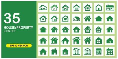 Collection of 35 home or property icons. Collection set of house symbol in green. Suitable for home button design, UI, Web button and property design. vector