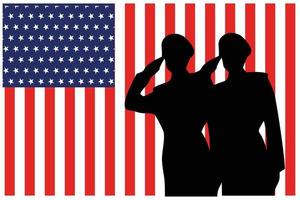 Silhouettes of male and female soldiers saluting the american flag. American flag background with soldier silhouette. Suitable for design commemoration of independence and nationality vector