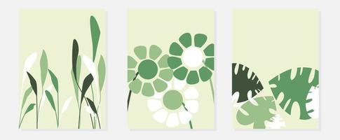 Collection of minimal posters with organic shapes composition in green colors in trendy modern solid style, can be used for wall decoration, postcard, cover design and background vector