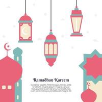 Attractive Ramadan Kareem poster design with minimalism vector illustration of mosque and lantern lights for islamic fasting event