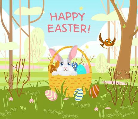 Happy Easter postcard with cute bunny in a wicker basket with Easter eggs and willow branches, spring landscape at the background. Cartoon vector illustration.
