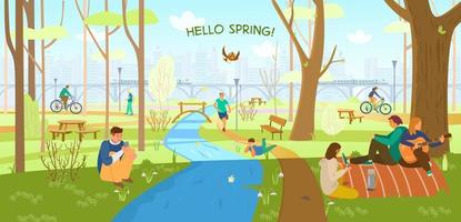 Spring park with people relaxing and doing sports. Hello spring horizontal banner. Friends having picnic, riding bikes, walking, running, boy laying on grass. City silhouette. Cartoon vector. vector