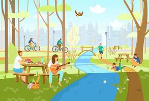 People in spring city park having picnic, riding bikes, running, playing guitar, taking photos, enjoying nature. Park scene with picnic tables, river with bridge, city silhouette. Cartoon vector. vector