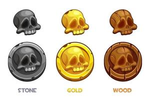 Pirate black mark, gold, wooden, stone coins with a skull. vector