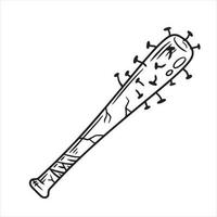 Baseball bat with spikes. Weapon of marauder and bandit. Stick with sharp nails. Outline cartoon illustration isolated on white vector