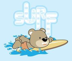 vector cartoon of cute bear surfing on typography background