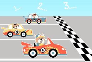 Racing car with funny animals racer, vector cartoon illustration