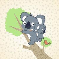 Funny koala with it cub climbing  tree on leaves background pattern, vector cartoon illustration
