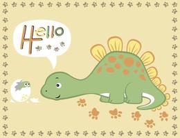 Funny dinosaur with its baby on footprint frame border, vector cartoon illustration