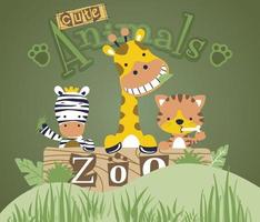 vector cartoon of cute animals in zoo text plank timber