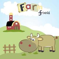 farm field vector cartoon with funny cow on blue sky background