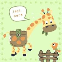 Vector cartoon of funny giraffe with bird on fence in footpath frame border