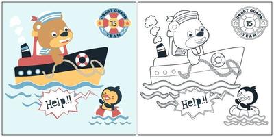 vector cartoon of bear on boat helping a penguin, coloring book or page