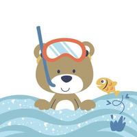 Cute bear wearing diving goggles in the sea with a fish, vector cartoon illustration