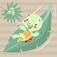 cute turtle slide down on banana leaf with frog on leaf, vector cartoon illustration