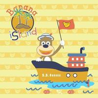 Cute monkey on boat going to banana island on banana striped background, vector cartoon illustration