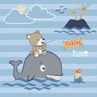 Cute bear with whale fishing, vector cartoon illustration