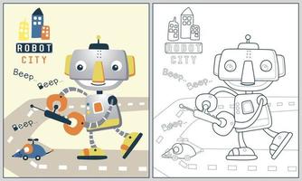 funny robot holding remote control, vector cartoon illustration, coloring book or page