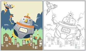 Funny robots attack city, vector cartoon illustration, coloring book or page