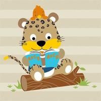 vector cartoon of cute leopard sitting on tree trunk with little bird reading a book