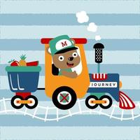 vector cartoon of funny bear on steam train loading fruits