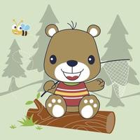 Little bear sitting on tree trunk while holding fish net with a bee, vector cartoon illustration