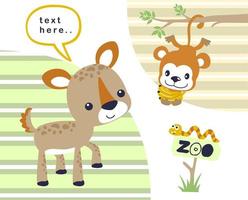 cute deer with monkey and caterpillar on striped background, vector cartoon illustration