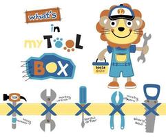 Cute lion in mechanic costume with work tools, vector cartoon illustration