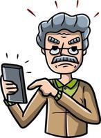 Man with mobile phone. Unpleasant conversation. Angry bearded guy with modern device. Cartoon hand drawn sketch illustration vector