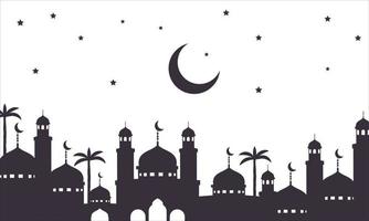 Horizontal black and white banner with silhouette of Muslim mosque facade, dome and crescent symbol on it. Religious building for prayer flat. - Vector. vector