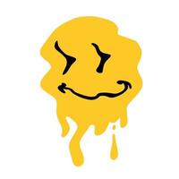 Acid smile face. Melted rave and techno symbol of 90s vector