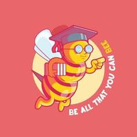 Bee character holding books using a graduation hat vector illustration. Learning, mascot, education design concept.