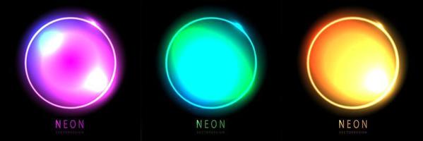 Gradient neon circle frame. collection of round glowing neon lighting on dark background with copy space. graphic element for social media stories. vector design.